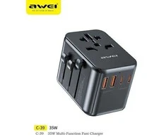 Tinklo įkroviklis 35W 4in1 2xUSB+3xUSB-C AWEI C-39 US/AU/EU/UK Univesal Travel GaN Charger juodos spalvos