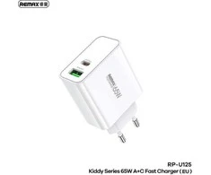 Tinklo įkroviklis 65W USB + USB-C Remax Kiddy Series RP-U125 baltos spalvos