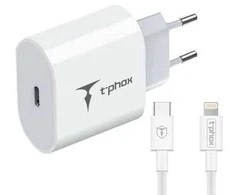 Tinklo įkroviklis T-PHOX ISPEED 20W + kabelis USB-C/lightning baltos spalvos