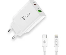 Tinklo įkroviklis T-PHOX SPEEDY USB-C 20W/USB 18W PD QC + KABELIS LIGHTNING 1M baltos spalvos