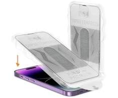 Topt Apsauginis stiklas Full Glue Easy-Stick Box skirtas Apple iPhone 15 Juodas