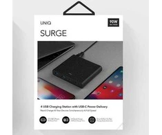 UNIQ laidinis įkroviklis HUB Surge 90W juodos spalvos 2xUSB Quick Charge 3.0 + 2xUSB-C PD 3.0 (LITHOS Collective)
