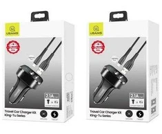 Automobilinis įkroviklis (2xUSB) su Lightning laidu, USAMS, 2.1A, juodas