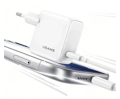USAMS CC339 T76 45W GaN USB-C sieninis įkroviklis + SJ711 USB-C į USB-C laidas (1m, baltas)