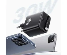 USAMS Laidinis įkroviklis 1xUSB-C su suvyniojamu kabeliu USB-C Retractable PD+QC 30W Gan Fast Charging juodos spalvos YC Series CC241TC01 (US-CC241)