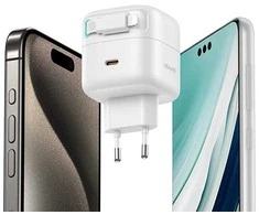USAMS įkroviklis 1xUSB-C su ištraukiamu laidu „Lightning“ (tik antgalis) PD+QC 35W Gan greitas įkrovimas juodos spalvos