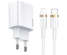 USAMS Laidinis įkroviklis 1xUSB-C T34 20W 5V-3A PD3.0 + U63 cable USB-C to Lightning 20W baltos spalvos (T49)