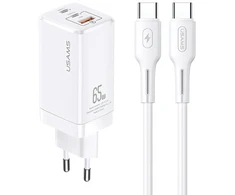 USAMS Laidinis įkroviklis MT 2xUSB-C + USB GaN 65W T33 PD + USB-C to USB-C Cable 100W Fast Charging baltos spalvos