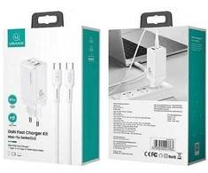 USAMS Laidinis įkroviklis MT 2xUSB-C + USB GaN 65W T33 PD + USB-C to USB-C Cable 100W Fast Charging baltos spalvos