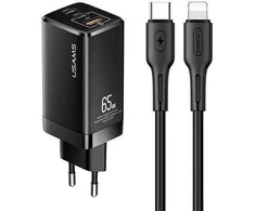 USAMS Tinklo įkroviklis MT 2xUSB-C+USB GaN 65W T33 PD + kabelis USB-C-Lightning 30W Fast Charging juodos spalvos MTXLOGTL01