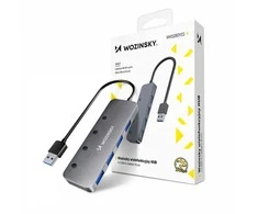 USB-A šakotuvas Wozinsky WHS080YSS 4 x USB-A 3.0 su atskirais jungikliais, aliuminis, su 30 cm laidu · pilka