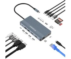 USB-C Hub 14 in 1 Wozinsky WDS03Y5S Multifunctional, Aluminum, for 3 Monitors, with 15 cm Cable – Gray