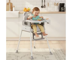 Vaikiška maitinimo kėdutė 3-in-1 su dvigubu padėklu ir 5 taškų saugos diržais, pilka ECOTOYS