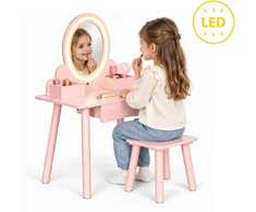 Vaikiškas medinis tualetinis staliukas su LED veidrodžiu, stalčiumi, kėdute ir 6 priedais, rožinis ECOTOYS