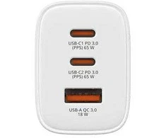 Verbatim GaN Travel Charger Essentials 65W, 2×USB-C PD, 1×USB-A QC, EU Plug, Baltas