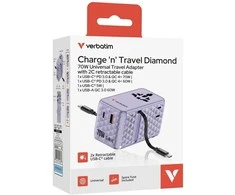 Verbatim kelioninis adapteris EU/UK/US GaN 1xUSB-C/1xUSB-A/2xUSB-C PD 70W violetinis 30188