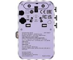 Verbatim kelioninis įkroviklis EU/UK/US GaN 2xUSB-C/2xUSB-A/1xUSB-C PD 100W violetinės spalvos 30193
