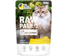 Kačių Maistas - VetExpert Raw Paleo Suaugusių Sterilizuotų Vištienos Drėgnas 100g