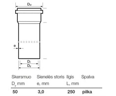 Vidaus kanalizacijos PVC vamzdis Wavin, Ø 50 mm, 0,25 m