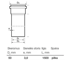 Vidaus kanalizacijos PVC vamzdis Wavin, Ø 50 mm, 1,5 m