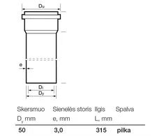 Vidaus kanalizacijos PVC vamzdis Wavin, Ø 50 mm, 0,315 m