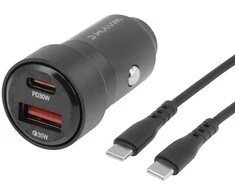WAYME Automobilinis įkroviklis 12/24V, USB 30W + USB-C PD 30W + USB-C > USB-C 100 cm cable, max 60W