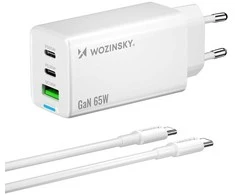 Wozinsky GaN 65W Charger su 2xUSB-C USB Ports su 65W CC kabelis – baltos spalvos