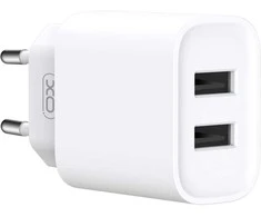 XO laidinis įkroviklis CE02C 2x USB 2,1A baltos spalvos + microUSB kabelis