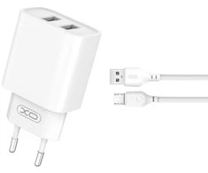 XO laidinis įkroviklis CE02C 2x USB 2,1A baltos spalvos + microUSB kabelis