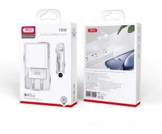XO laidinis įkroviklis CE02D QC 3.0 18W 1x USB baltos spalvos + USB-C kabelis