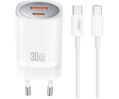 XO laidinis įkroviklis CE21 PD 30W 1x USB-C 1x USB baltos spalvos + kabelis USB-C - USB-C