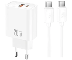 XO sieninis įkroviklis CE42 PD 30W 1x USB-C 1x USB baltas + laidas USB-C – USB-C