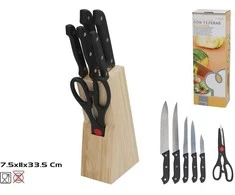 7 peilių rinkinys su žirklėmis ir mediniu stovu (19 cm), 33,5 x 11 x 7,5 cm, KITCHEN&amp;GO