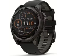 Išmanusis laikrodis Garmin Fenix 8 47 mm Solar Sapphire Pilkos anglies spalvos DLC titanas su juodos / pilkos akmenukų spalvos silikonini