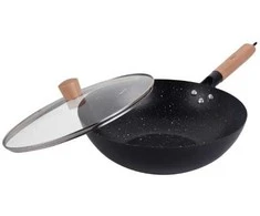 King Hoff Wok Keptuvė su dangčiu, 30 cm, anglinio plieno, marmurinė nelimpanti danga, medinė rankena, „Kinghoff“, kh-1984