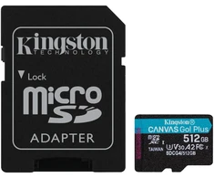 Kingston Technology 512GB Micro SDXC Canvas Go Plus Gen4 200MB/s A2 U3 V30 Card + Adapteris