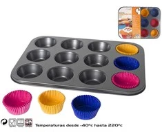 Kitchengo Nelipni plieninė keksiukų kepimo forma 12 keksiukų, Ø6 cm, su 60 popierinių formelių, 3 × 26 × 35 cm