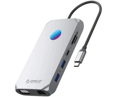 „Orico“ USB-C 12w1 RGB | 3x USB-A 3.1 | 1x USB-A 2.0 | USB-C PD 100W | 1x USB-C 3.1 | 1x HDMI 1.4 4K 30Hz | 1x VGA 1080p | 1x „Micro SD/SD 3.0“ | 1x RJ Gigabit | 1x Garso jungtis - pilka