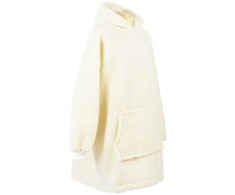 Merino vilnos džemperis, universalus dydis, didelis gobtuvas, kengūros kišenė, 420 g/m², ecru spalva, termoreguliacinis, kvėpuojantis, namams ir kelionėms, šiltas džemperis