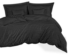 Bambuko ir medvilnės satino patalynės komplektas, 140x200 cm antklodės užvalkalas su pagalvėmis, juodas dryžuotas dizainas, OEKO-TEX sertifikatas, 4 dalių rinkinys, prabangi patalynė miegamajam