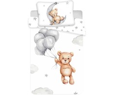 Patalynė bawełniana 100x135 Meškiukas baloniki gwiazki 7547 balta pilka księżyc chmurki Teddy Bear dziecięca do łóżeczka poszewka 40x60