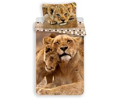 Patalynė bawełniana 140x200 Lwy lwiątka lew Lion cubs 8568 geometria trójkąty poszewka 70x90 smėlio sp.
