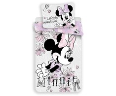 Patalynė bawełniana 140x200 Myszka Mini Minnie Mouse kwiatki pilka rožinė pilkas 3051 poszewka 70x90