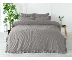 Medvilninės patalynės komplektas 200x220 cm, stonewashed pilka su raukiniais, 3 dalių rinkinis dekoratyvinėje dėžutėje, nereikia lyginti, minkšta patalynė miegui