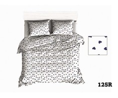 Medvilninė patalynė 200x220, balta su tamsiai mėlynomis širdelėmis, minkštas medvilninis antklodės užvalkalas, 2 pagalvių užvalkalai, raštuota patalynė, patogi patalynė, patalynės komplektas
