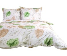 Medvilnės flanelės patalynės komplektas 220x200 cm, šiltas ir minkštas, su lapų raštu, balta smėlio žalia, 2 pagalvių užvalkalai, flanelinė patalynė miegamajam