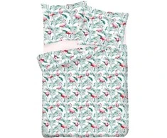 Matex Medvilninio satino patalynės komplektas 220x200, baltas ir žalias su flamingais ir palmių lapais, 3 dalių, užsegamas užtrauktuku, OEKO-TEX sertifikatas, miegamojo tekstilė