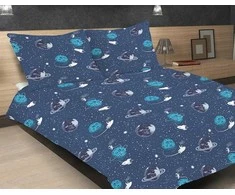 Multitex Satininės patalynės komplektas 140x200 cm, tamsiai mėlynas kosmoso dizainas, su vienu pagalvės užvalkalu, minkšta medvilninė patalynė, patogiam miegui