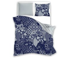 Medvilnės satino patalynės komplektas 160x200 cm, dvipusis, tamsiai mėlynos pilkos rožės raštas, apverčiamas dizainas, lengvai prižiūrimas audinys, miegamojo tekstilė