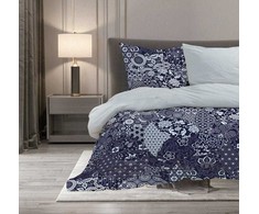 Medvilnės satino patalynės komplektas 160x200 cm, dvipusis, tamsiai mėlynos pilkos rožės raštas, apverčiamas dizainas, lengvai prižiūrimas audinys, miegamojo tekstilė